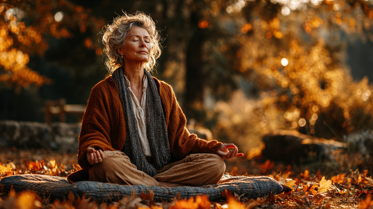 Група людей старшого віку займається йогою на природі